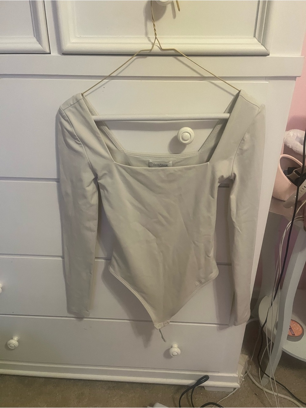 Aritzia Long-Sleeve Square Neck Bodysuit in Light Beige